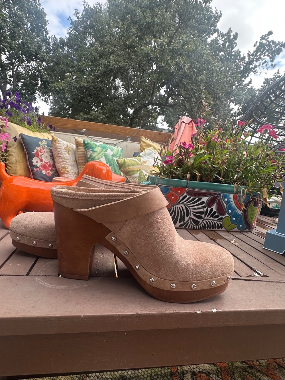 Vince Camuto Taupe Suede Buckle Mule Clogs
